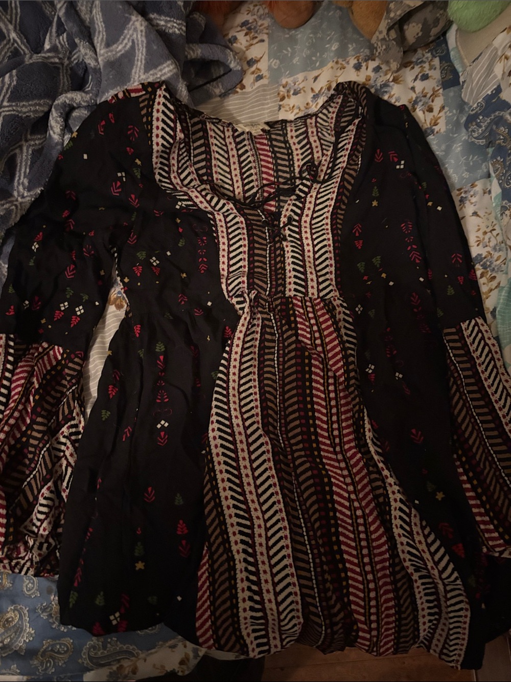 Boho Black Printed Peasant Blouse